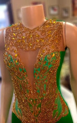 Gold Crystal Bodice with Illusion V-Neck & Voluminous Satin Train Prom Dress