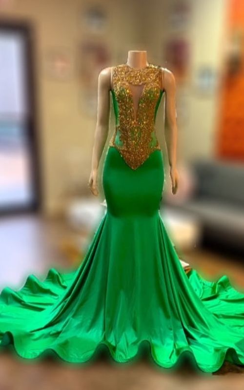 Gold Crystal Bodice with Illusion V-Neck & Voluminous Satin Train Prom Dress