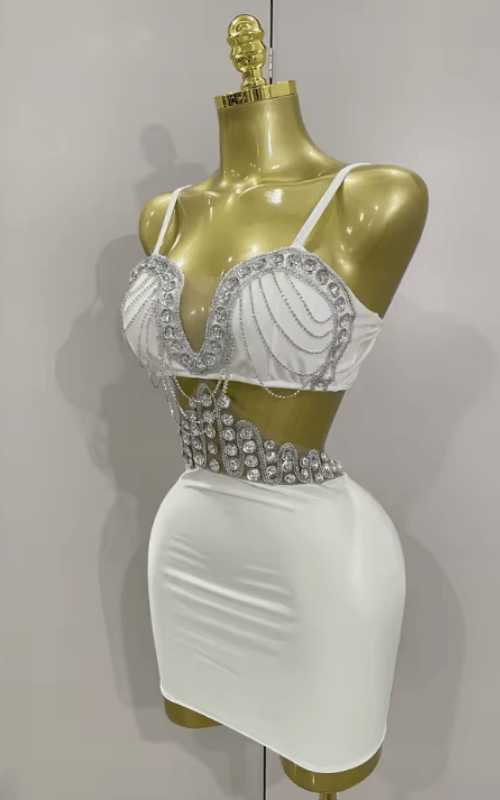 Glenda Luxury Shiny Diamond Chain Sleeveless Bodycon Mini Dress