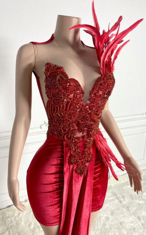 Cassandra Red Sparkly Feathered Birthday Dress - Ready to Ship