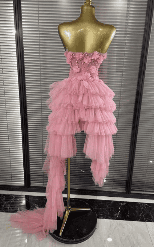 Deborah Strapless Sheer Mesh Floral Ruffle Draped Mermaid Dress