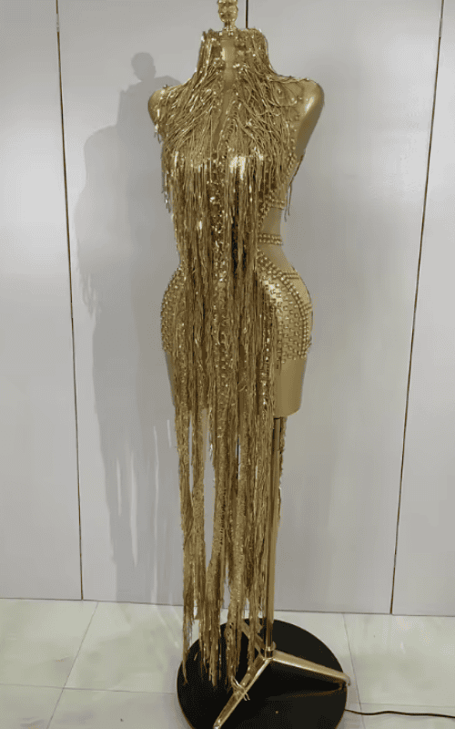 Adrielle Sparkly Gold Diamond Sheer Mesh Tassel Mini Dress