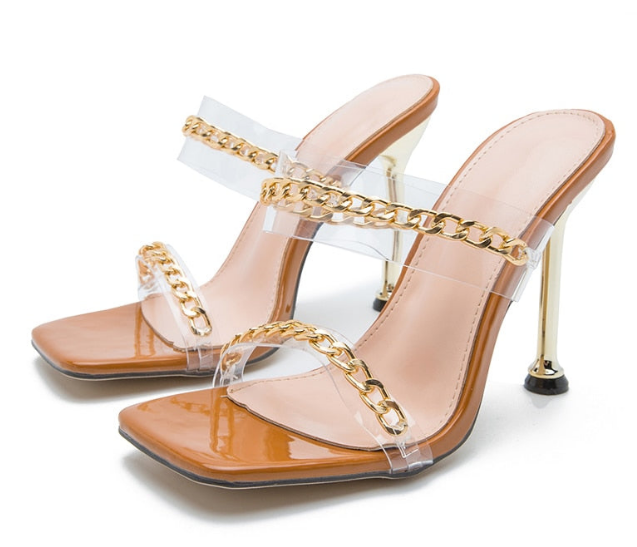 Fashion Chain Decoration PVC Transparent Strap Ladies Slippers Square Toe