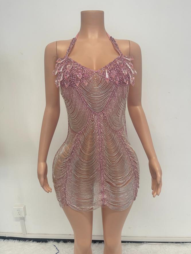 Gingee Sparkly Rhinestones Mesh See Through Short Birthday Dress