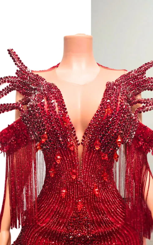 Exquisite Ruby Red Beaded Mermaid Prom Gown