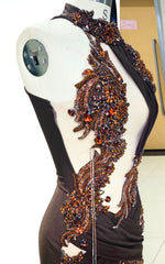 Deep Brown Mermaid Gown with Bronze Baroque Appliqués and Draped Halter Neckline