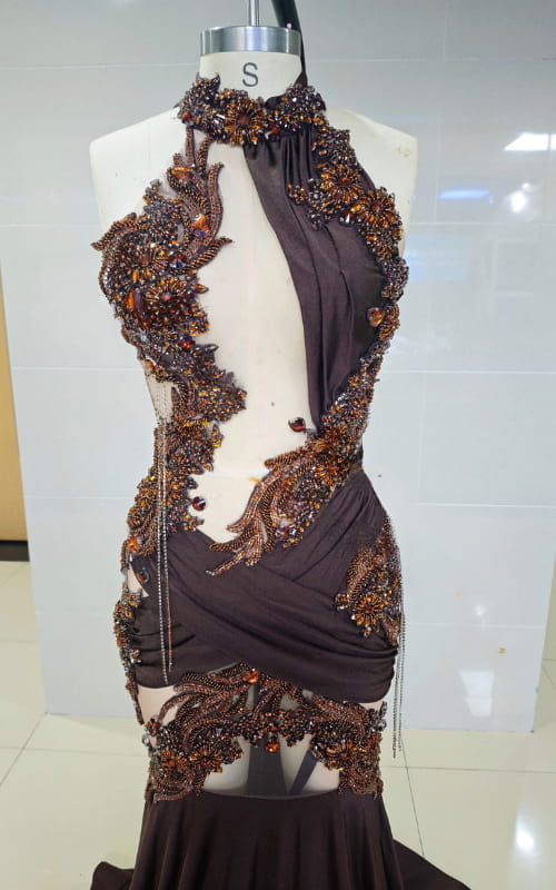 Deep Brown Mermaid Gown with Bronze Baroque Appliqués and Draped Halter Neckline