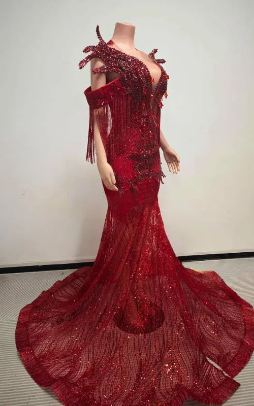 Exquisite Ruby Red Beaded Mermaid Prom Gown
