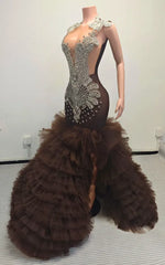 Crystal-Embellished Bodice and High Slit Tiered Tulle Ruffle Mermaid Prom Gown