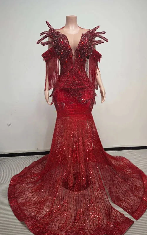 Exquisite Ruby Red Beaded Mermaid Prom Gown