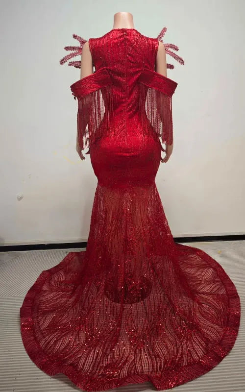 Exquisite Ruby Red Beaded Mermaid Prom Gown