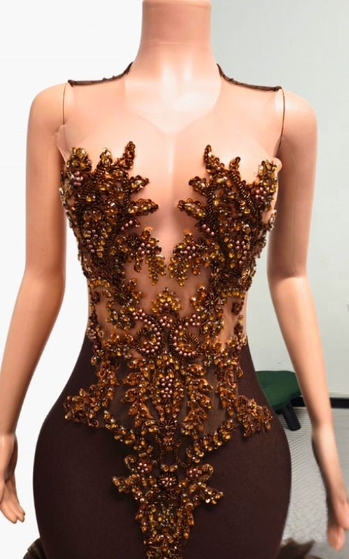 Deep Brown Mermaid Prom Dress With Ornate Bronzed Beadwork And Tiered Tulle Flare