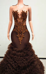 Deep Brown Mermaid Prom Dress With Ornate Bronzed Beadwork And Tiered Tulle Flare