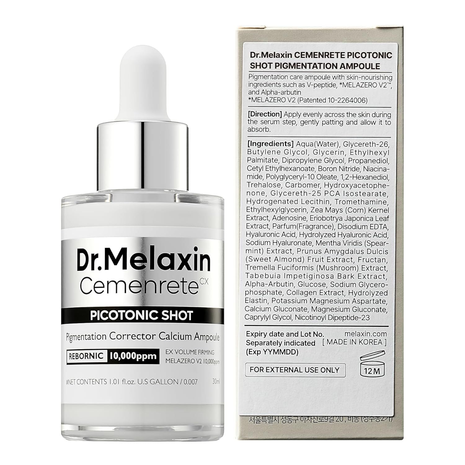 Dr.Melaxin Cemenrete Picotonic Shot Calcium Serum for Firming Density collagen serum Even Skin Tone & Skin Clarity Anti-aging Dark spot care 1.01 fl.oz.