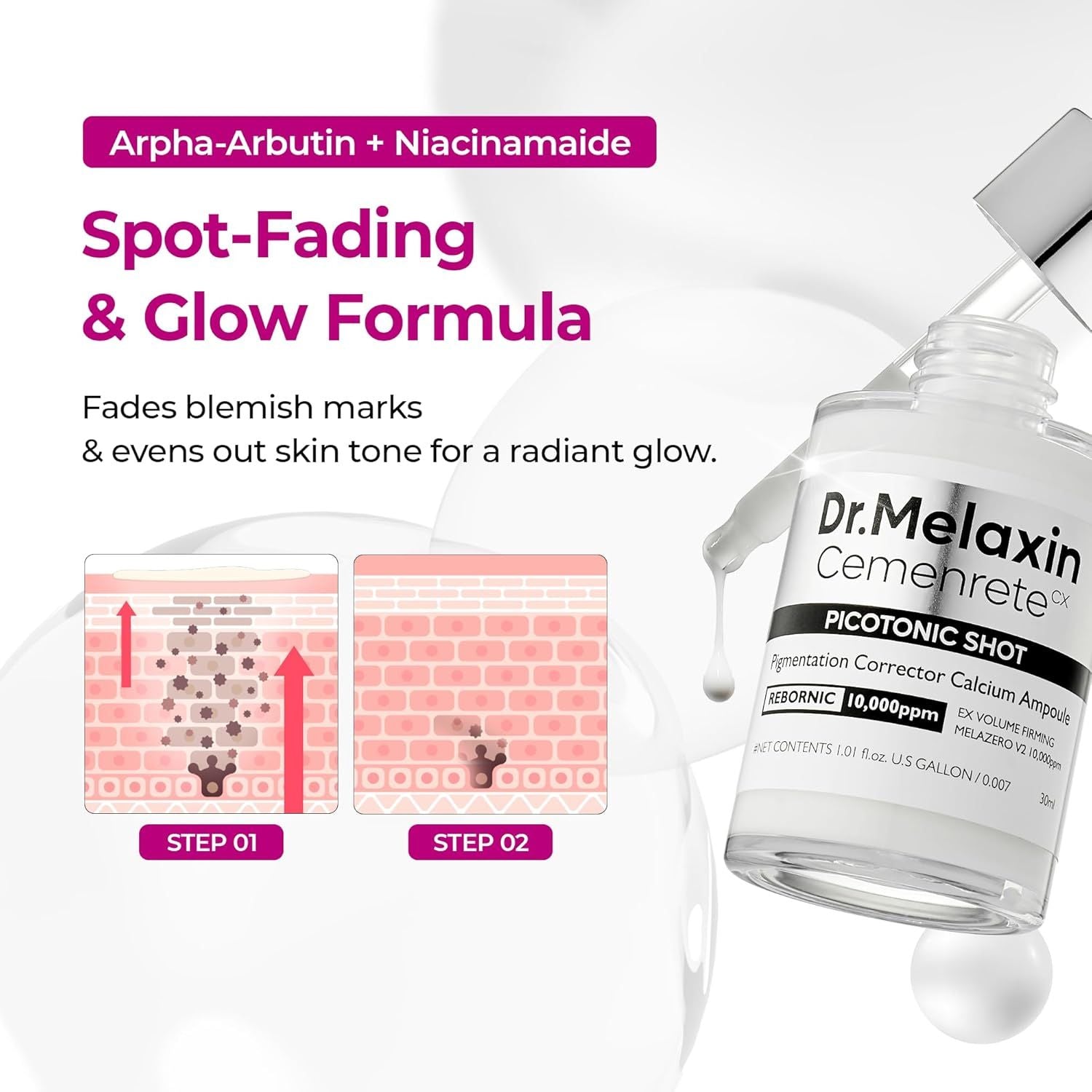 Dr.Melaxin Cemenrete Picotonic Shot Calcium Serum for Firming Density collagen serum Even Skin Tone & Skin Clarity Anti-aging Dark spot care 1.01 fl.oz.