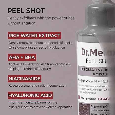 Dr.Melaxin Peel Shot Glow Black Rice Peeling Ampoule 80ml, Dead Skin Gentle Exfoliating Ampoule with Rice Water Extract, AHA BHA, Niacinamide, Daily Skin Texture Care, All Skin Types, Korean Skincare