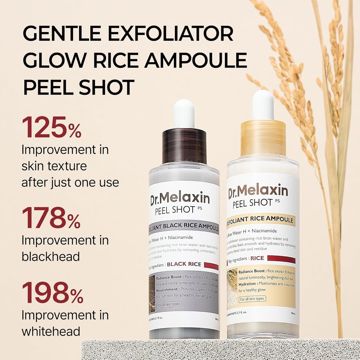 Dr.Melaxin Peel Shot Glow Rice Peeling Ampoule Duo Daily Soft Exfoliating Face and Body Scrub Dead Skin Cells Blackhead Remover for All Skin Types korean skin care