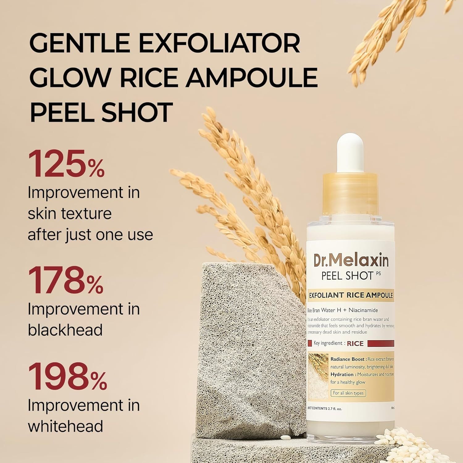 Dr.Melaxin Peel Shot Glow White Rice Peeling Ampoule 80ml, Dead Skin Gentle Exfoliating Ampoule with Rice Water Extract, AHA BHA, Niacinamide, Daily Skin Texture Care, All Skin Types, Korean Skincare