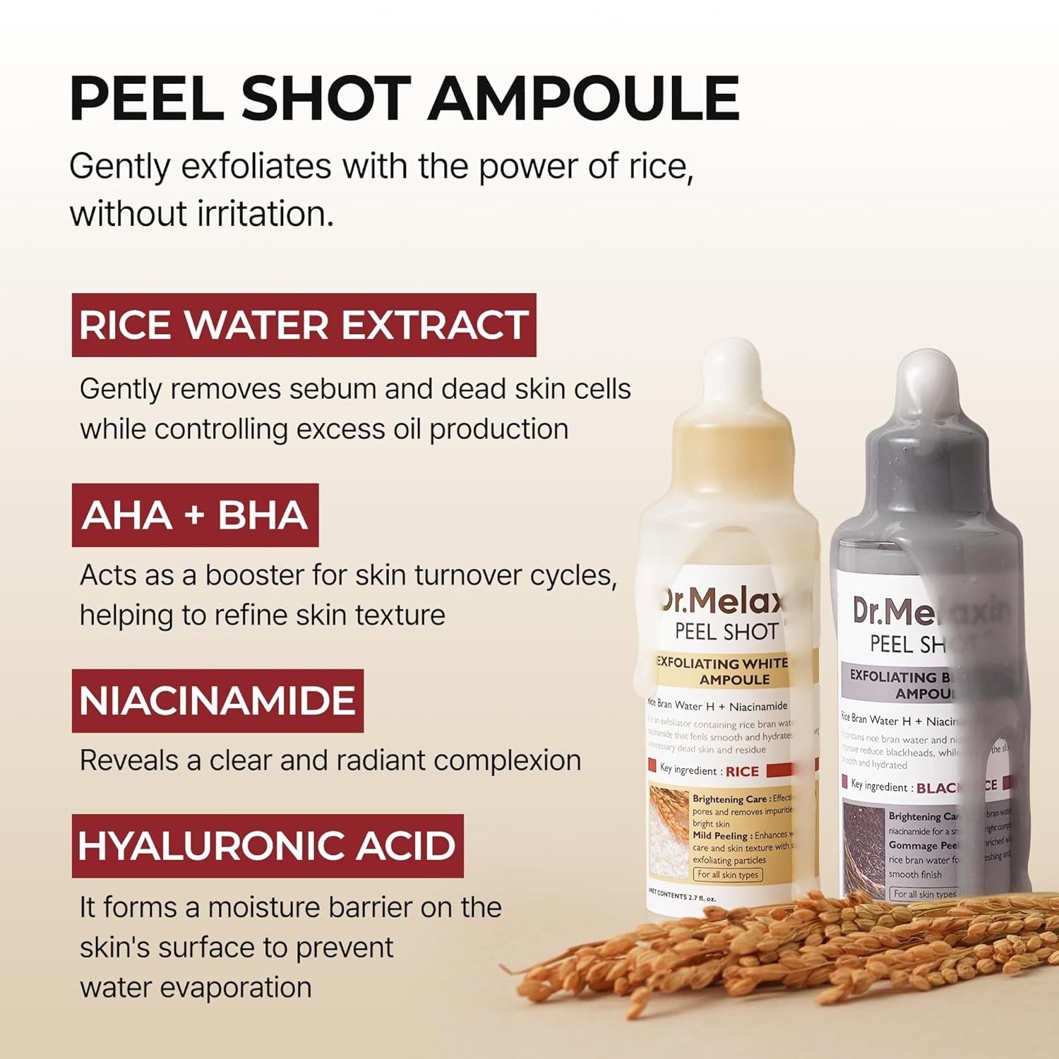 Dr.Melaxin Peel Shot Glow Rice Peeling Ampoule Duo Daily Soft Exfoliating Face and Body Scrub Dead Skin Cells Blackhead Remover for All Skin Types korean skin care