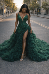 Felicia Green Sparkly Beads Sequin Diamond Prom Dress
