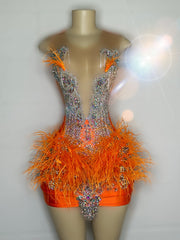 Fuchsia Orange Feathered Mini Birthday Dress