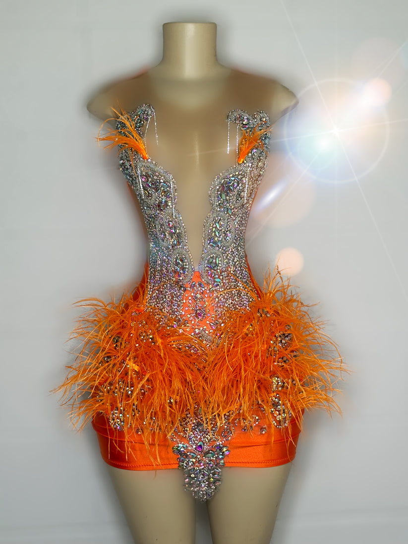 Fuchsia Orange Feathered Mini Birthday Dress