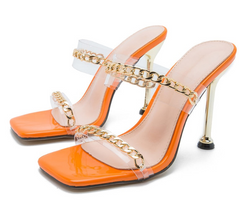 Fashion Chain Decoration PVC Transparent Strap Ladies Slippers Square Toe