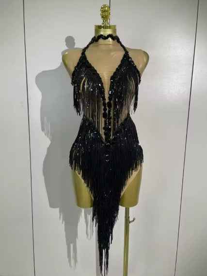Alyson Sexy Sheer Mesh Dress with Sequins and Fringe