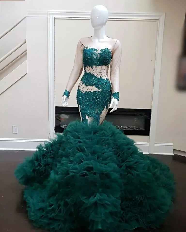 Green Beaded Mermaid Prom Dress