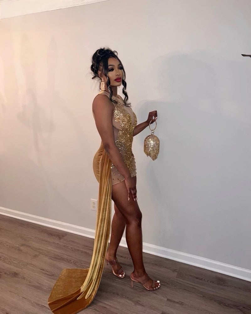 Gold Crystal Beading Mermaid Birthday Dress With Train