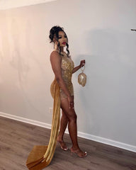 Gold Crystal Beading Mermaid Birthday Dress With Train