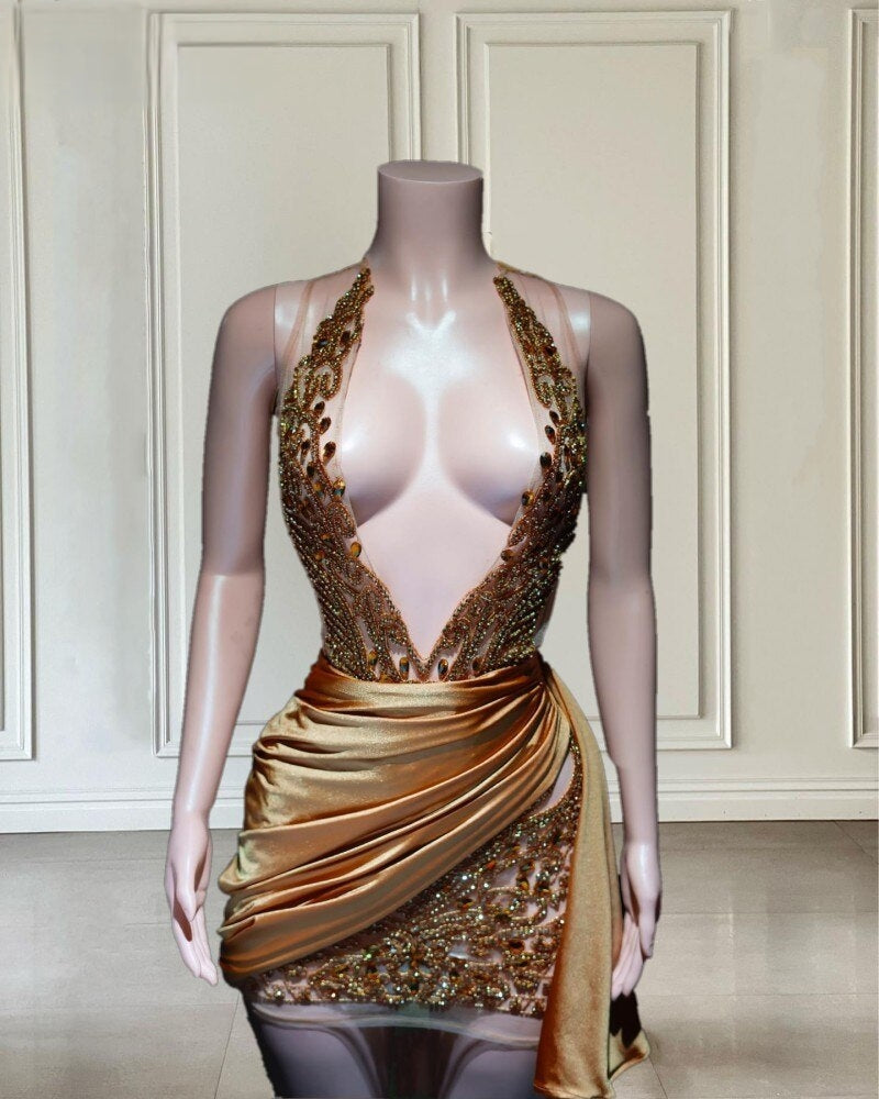 Gold Rhinestone Beading Halter Birthday Dress
