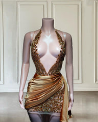 Gold Rhinestone Beading Halter Birthday Dress