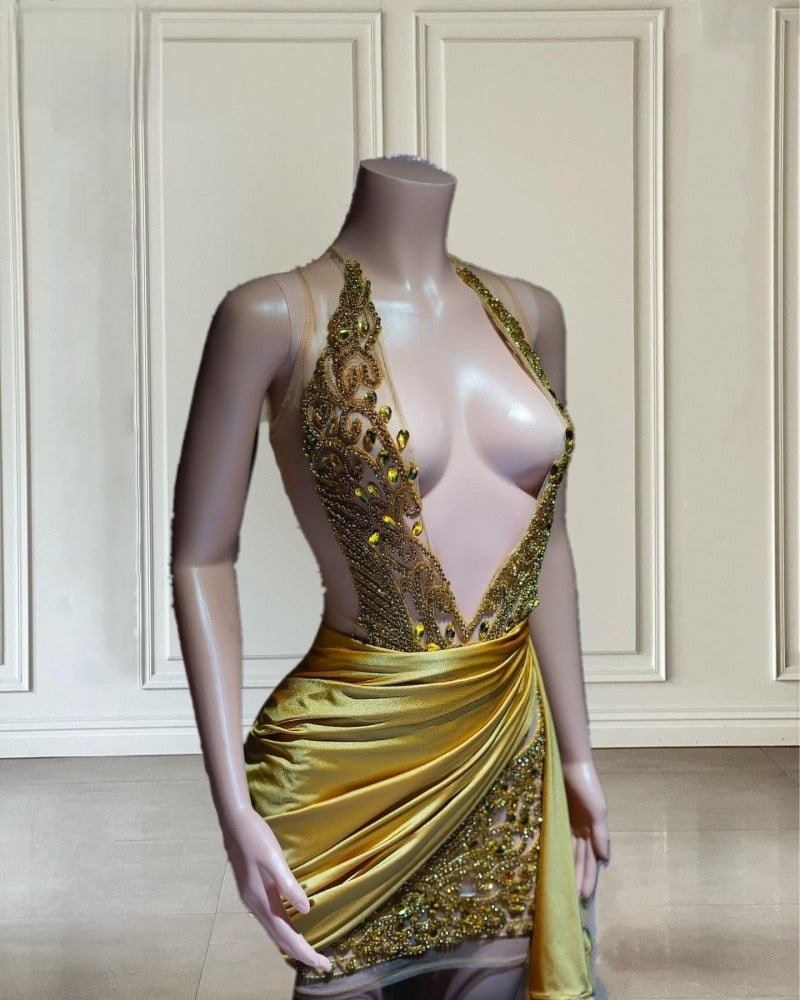 Gold Rhinestone Beading Halter Birthday Dress