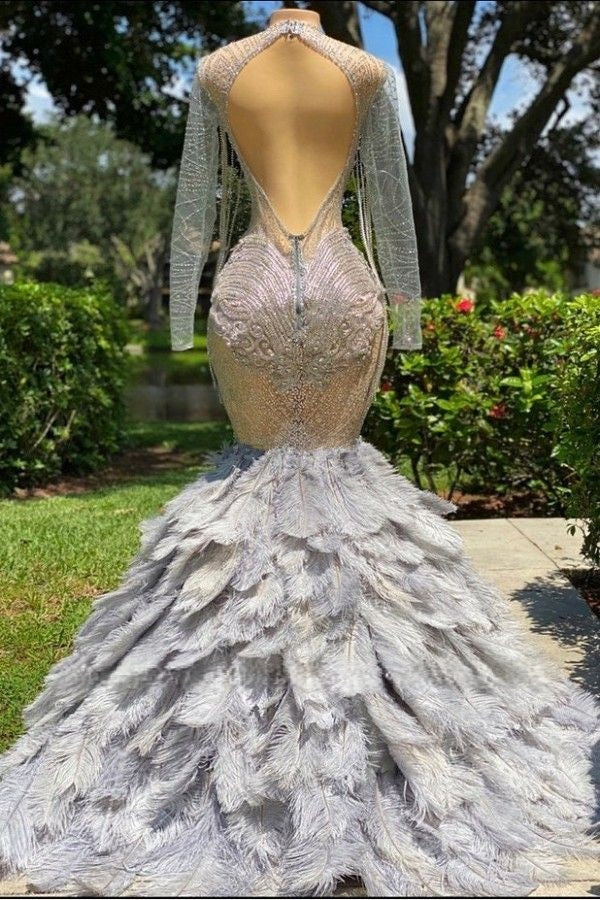Full Bodice Rhinestone Prom Dress V-Cut Neckline Open Back with Feather Train
