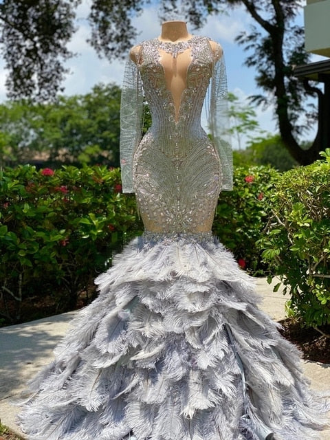 Full Bodice Rhinestone Prom Dress V-Cut Neckline Open Back with Feather Train