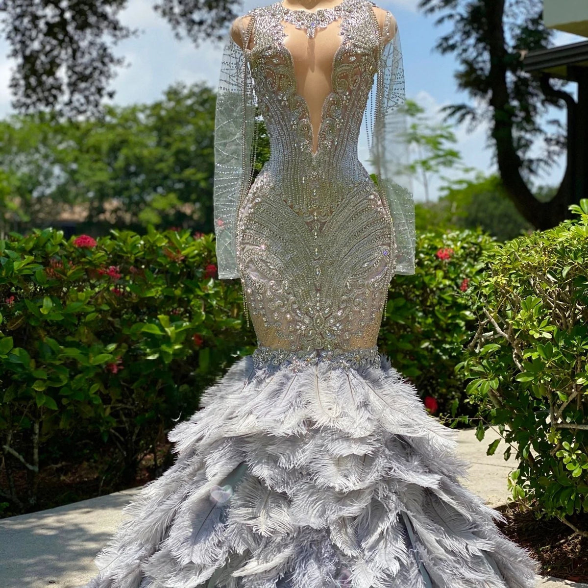Full Bodice Rhinestone Prom Dress V-Cut Neckline Open Back with Feather Train