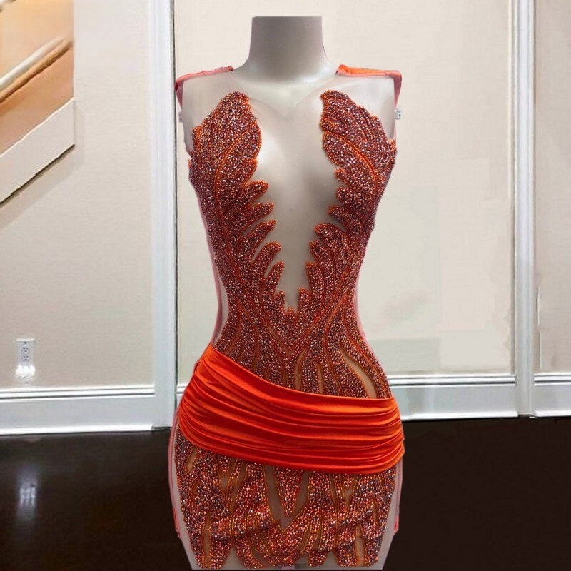 Glitter Red Orange Rhinestone Birthday Dress