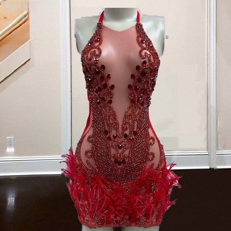 Feather Crystal Rhinestones Birthday Dress