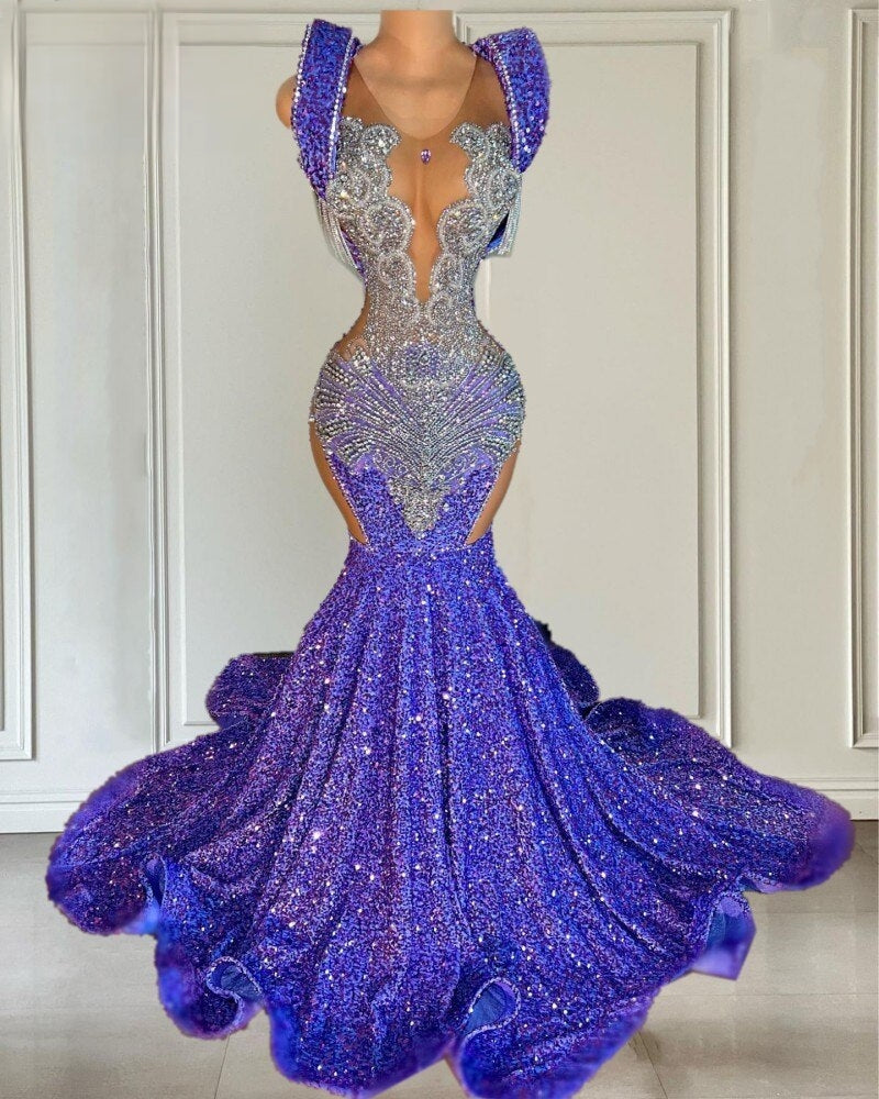 Glitter Light Purple Mermaid Crystal Prom Dress