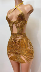 Gold Halter Crystal See Through Fitted Birthday Dress