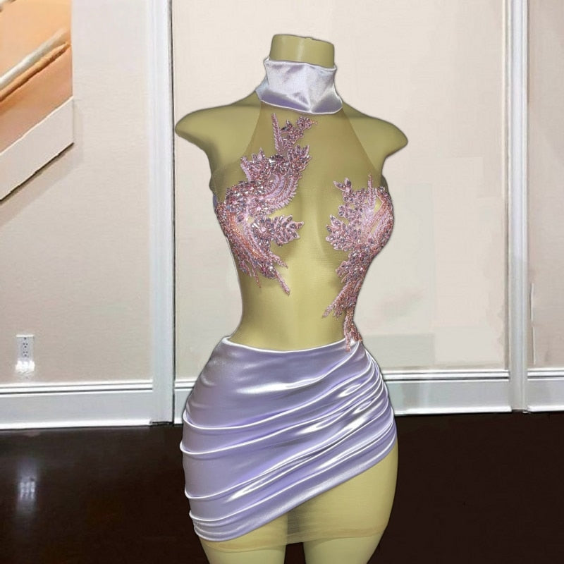 Elegant See Through Rhinestone Lavender Birthday Dress
