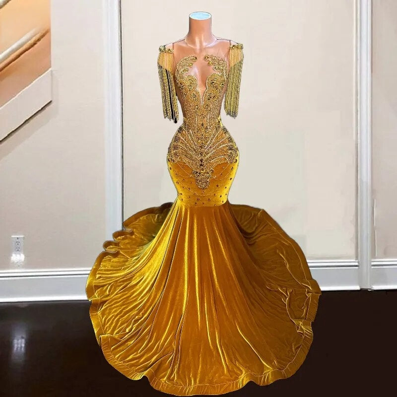 Gold Sheer Neck Rhinestone Mermaid Prom Dress